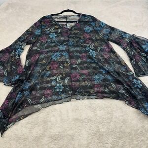 Dor Dor Couture Mesh Tunic Top Womens 2XL Black Floral Bell Sleeve Whimsigoth